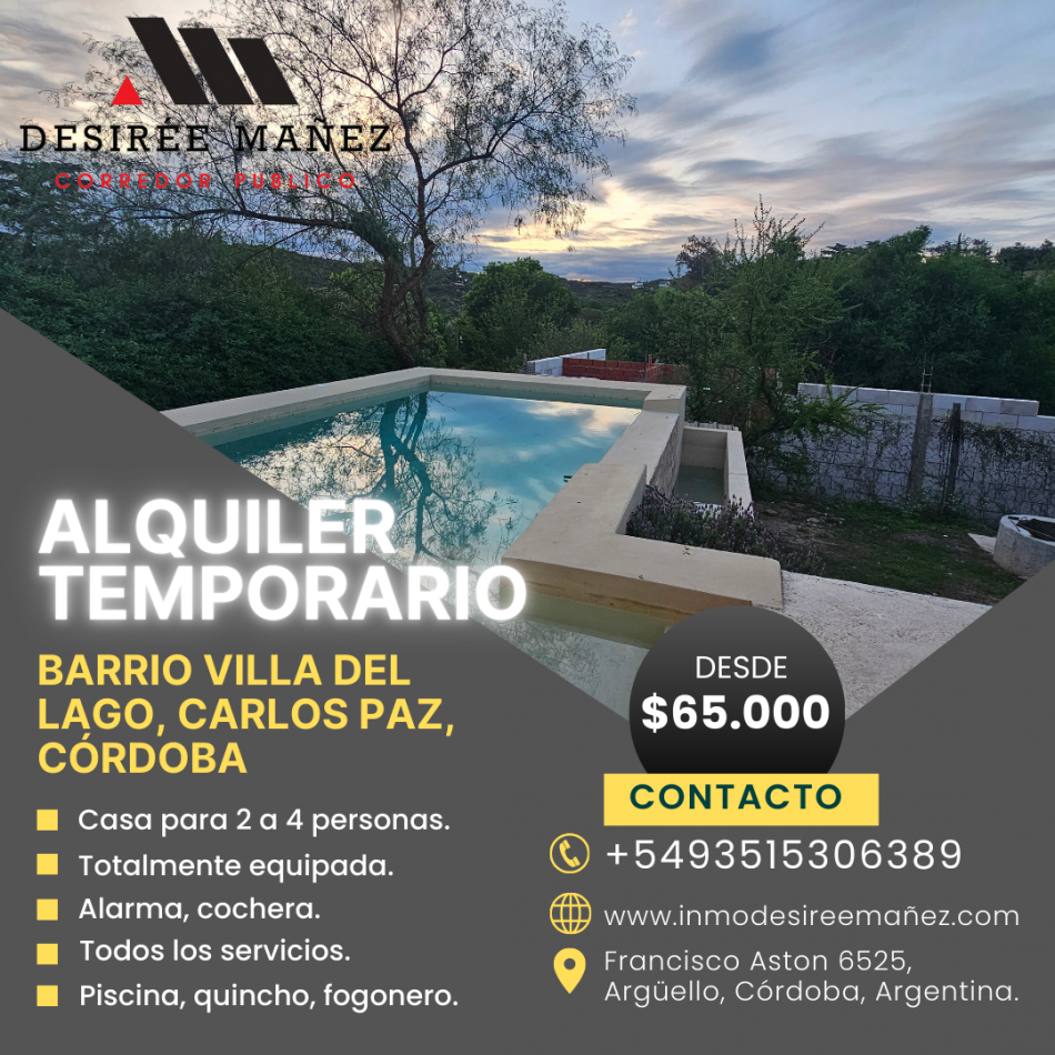 TEMPORARIO - Barrio Villa del Lago en Carlos Paz, Cordoba