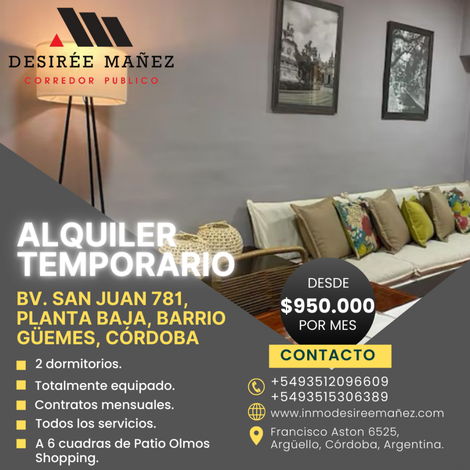 Departamento temporario 2 dormitorios en Bv. San Juan, Cordoba Capital.