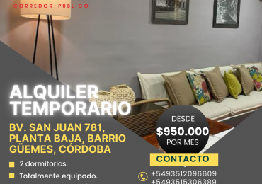 Departamento temporario 2 dormitorios en Bv. San Juan, Cordoba Capital.